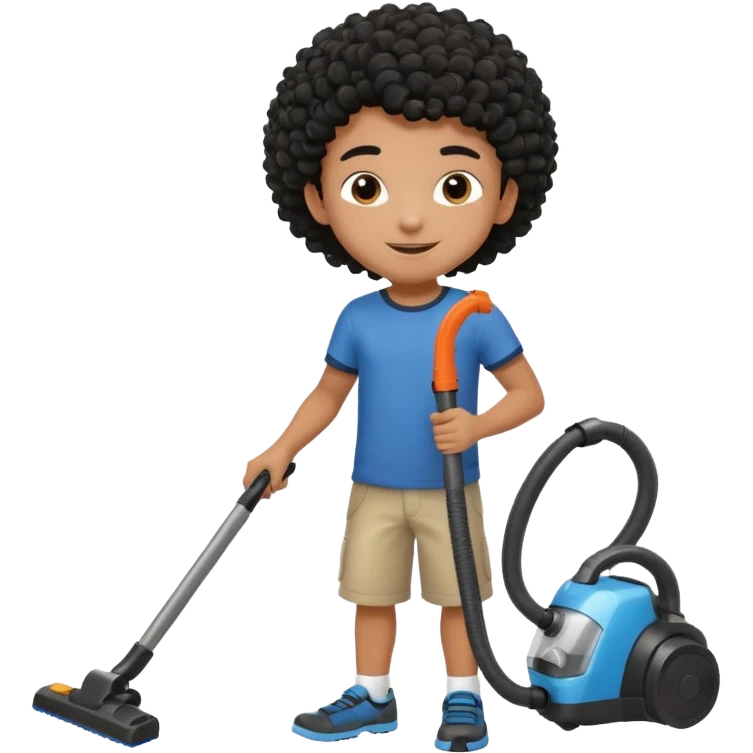Emoji to encourage kids to do chores - should contain something about house chores, ok replace the broom with a vaccum make it atheltic boy 8 years old - egyptian with curly hair emoji