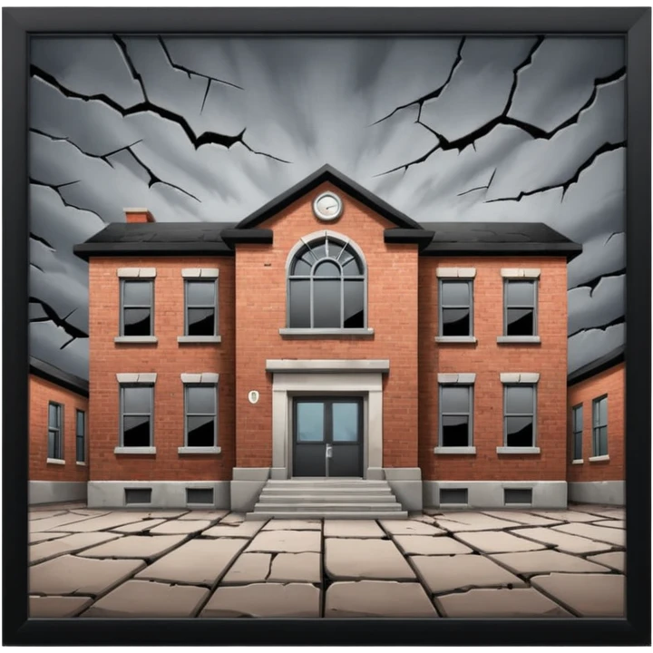 A broken/abandoned school with cracks and dust  with no back ground in an abandoned place with a blackish greyish sky  emoji