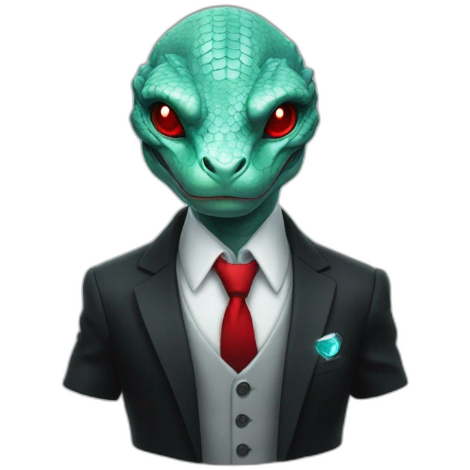 Aquamarine reptilian in classic black suite with red laser eyes on the middle of platinum coin emoji