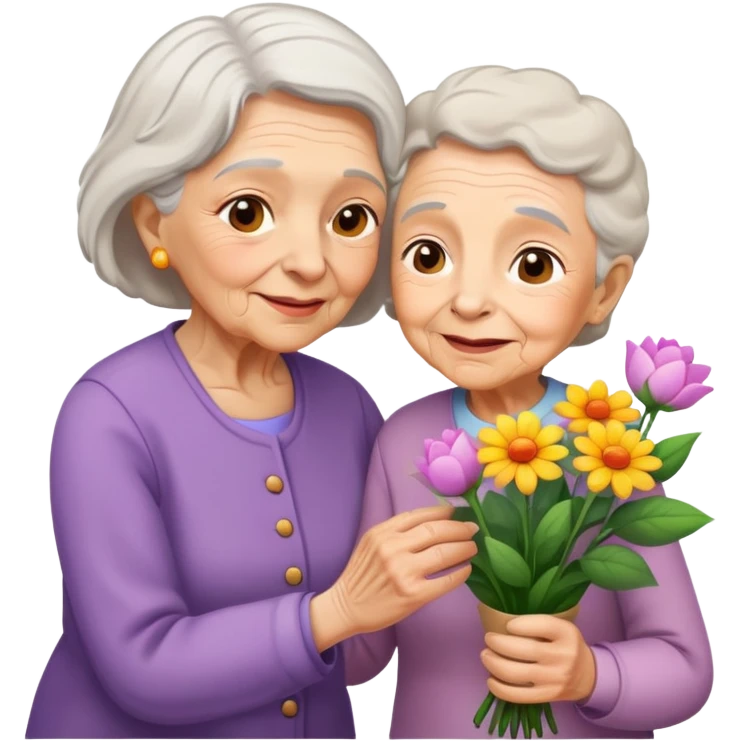 child giving flowers to an elderly woman, warm and expressive emoji