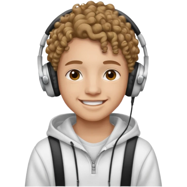 Faça um adolescente de cabelo cacheado médio sorrindo com um aparelho dental e fones de ouvido, com um moletom branco emoji