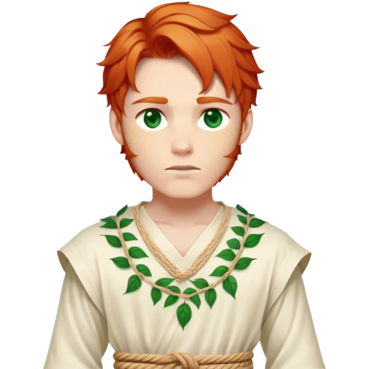 Medieval spring outfit worn by a DnD themed fantasy male character. Ecru cotton tunic featuring delicate leaf patterns in cream thread, paired with a twisted rope belt. Clothes only above the waist, full waist coverage. The character has no arms. Character is white-skinned with ginger red hair, emerald green eyes, and shoulder-length layered hair. emoji