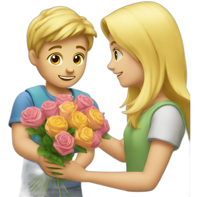 A boy who offers a bouquet of flowers to a pretty blonde emoji
