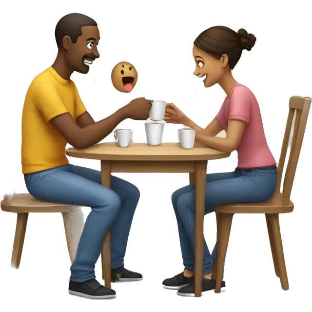 An emoji of a family—mother, father, and child—sitting at a table, playing a cup game with paper cups arranged on the table as they have fun together emoji