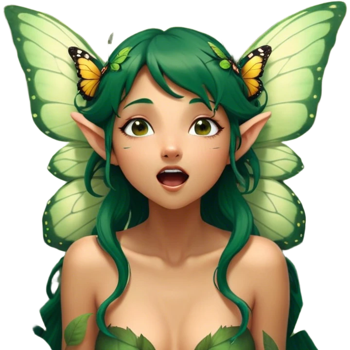 Cinematic Realistic Forest Nymph Fairy Portrait, head tilted slightly with a dramatic, wide-open yawn, revealing a tender, relaxed visage with finely detailed tanned skin and flowing, vine-adorned dark green hair gently framing her face. Her sleepy eyes exude a serene, dreamlike quality as soft natural sunlight filters through the canopy, showing her large butterfly wings from her back capturing the essence of a drowsy yet captivating forest nymph drifting into peaceful slumber. emoji