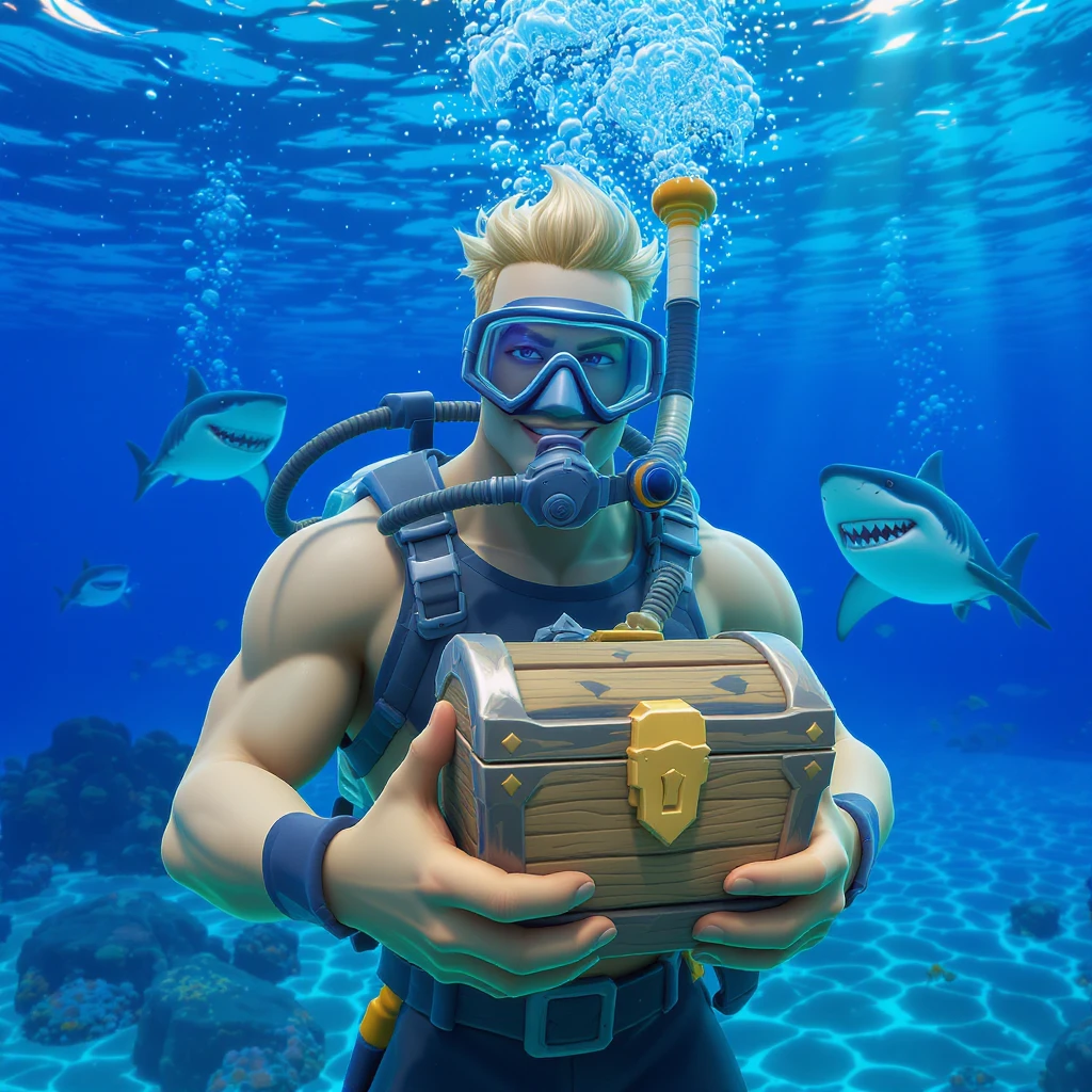 portrait, closeup, 3D, symmetrical, fortnite art style, diver holding chest underwater, happy shark swiming around him, blue crystal water, sunny day emoji