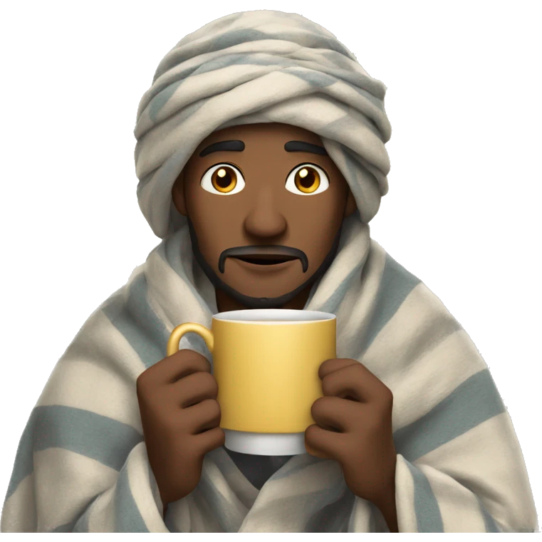 a man with a blanket on his head and a cup of tea in his hands emoji