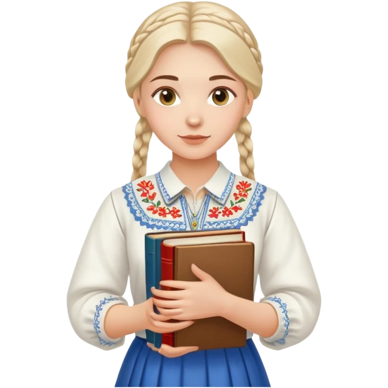 Young Ukrainian librarian wearing a traditional white embroidered vyshyvanka shirt holding books emoji