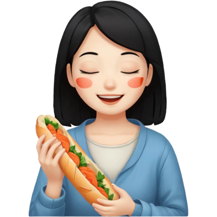 Girl black long hair eat kimchi close eyes baguette emoji