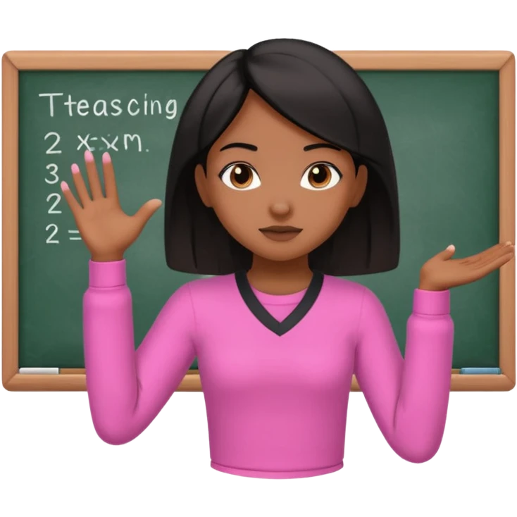 a brown skin teachers with hair that stop at elbpws girl with black straight like hair wearing pink not hot pink 2 piece set teaching up on a board emoji