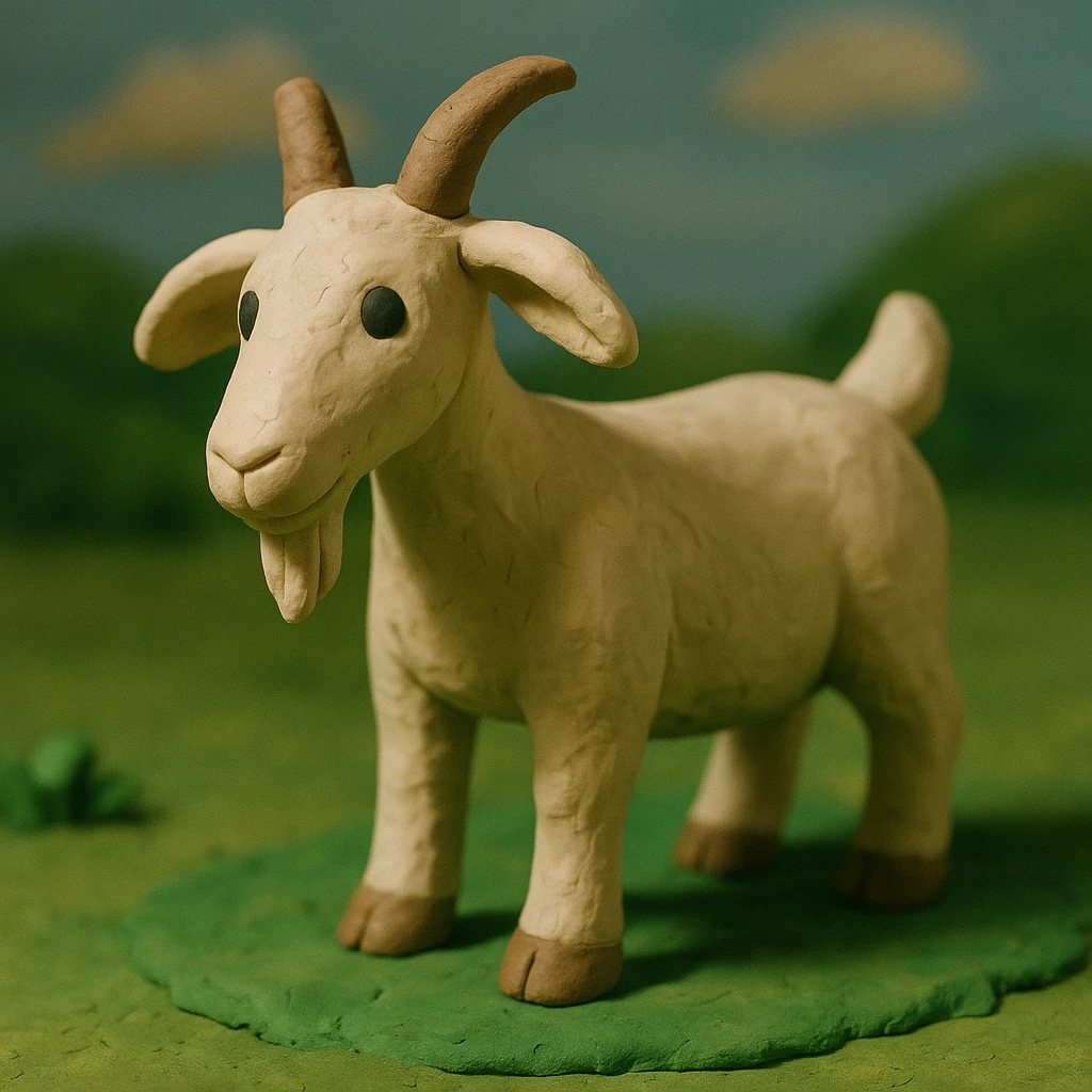 goat standing on grass, visible fingerprints, matte plasticine look, claymation style emoji