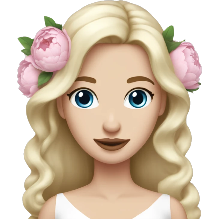 White bride with long light blonde hair and blue eyes with light pink peonies in hair white skin  emoji