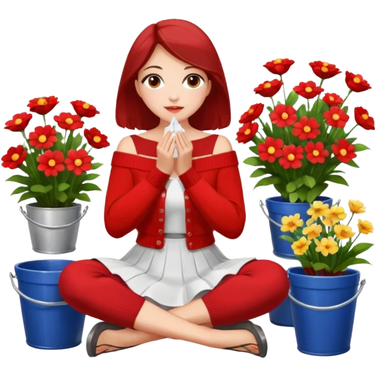 a woman sitting on a tiled surface surrounded by various bouquets of flowers in metal buckets and glass vases. She is holding a single white flower up to her face, covering it playfully. She wears a red off-shoulder cardigan and a white skirt. emoji