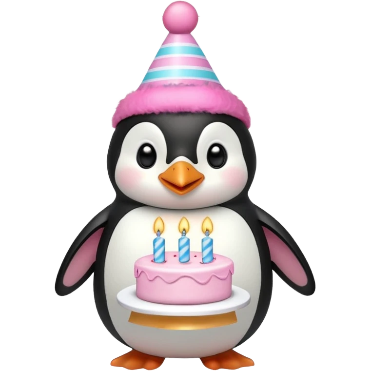 cute penguin  hold a birthday cake in both arms with pink birthday hat emoji
