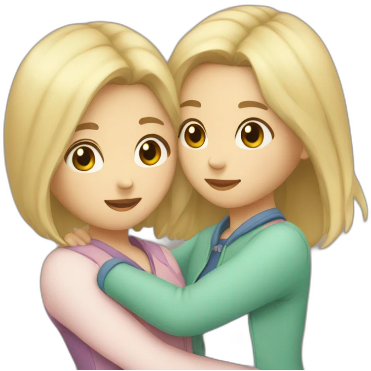 Two girls friends one with blonde short hair, second asian with long brown hair hugging each other emoji