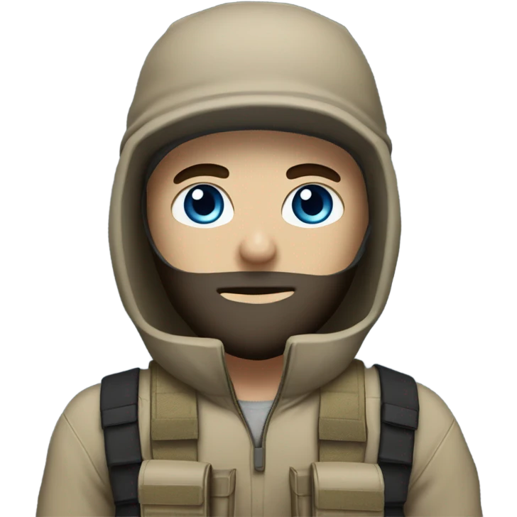 White male, face mask, tan tactical gear, tan pants, combat boots, black beanie, blue eyes emoji
