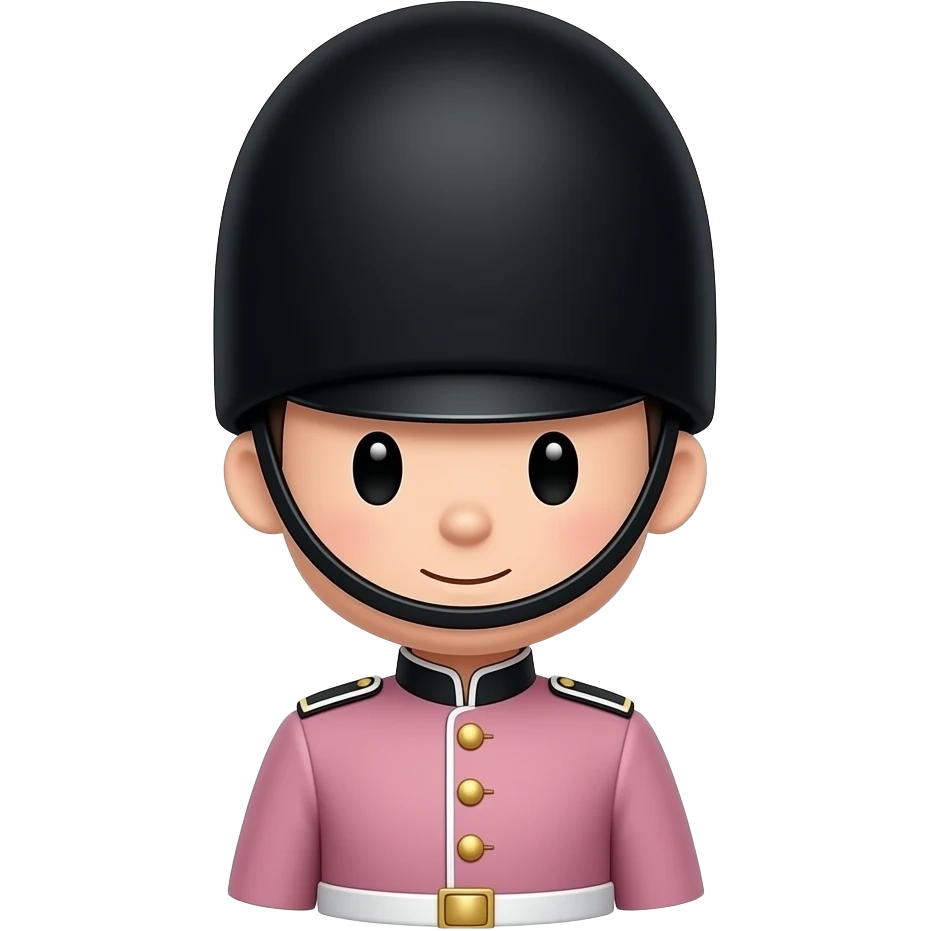 Cute Fashion inspired British royal guard, isolated, centered, no background, tailored blush Light pink ceremonial coat, gold buttons, Long black hat, elegant London luxury aesthetic emoji