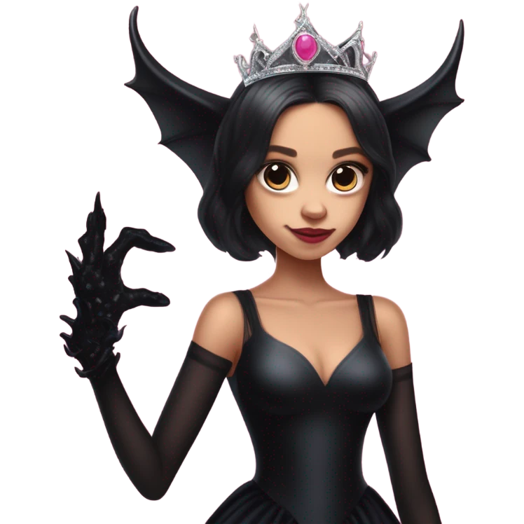 low cut back black evening gown with see-through gloves, Jenna Ortega as Addams woman prom queen wearing a mini tiara, very large blood  pink evil-looking horned old dragon companion emoji