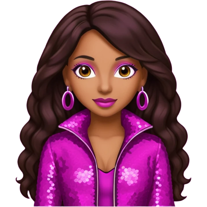 Mya, R&B Singer with dark brown long hair, meganta sequin outfit emoji