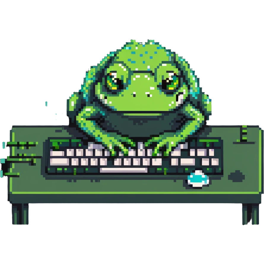 Very sad Pepe the frog meme character coding on computer, tears in eyes, depressed green frog hunched over keyboard, feeling overwhelmed with code emoji