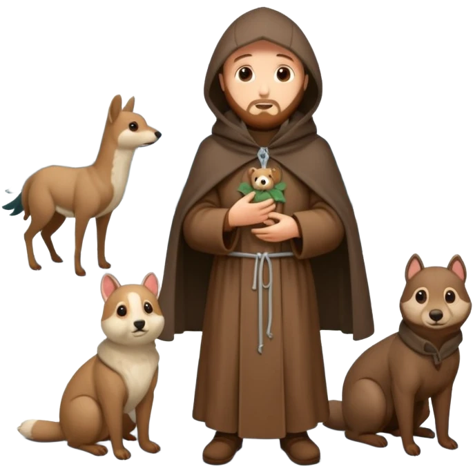 create a full body shot of Saint Francis of Assisi cartoon modern type with animals during the winter, background, to be used as an AI crfreation in HeyGen.com, please create a winter background emoji