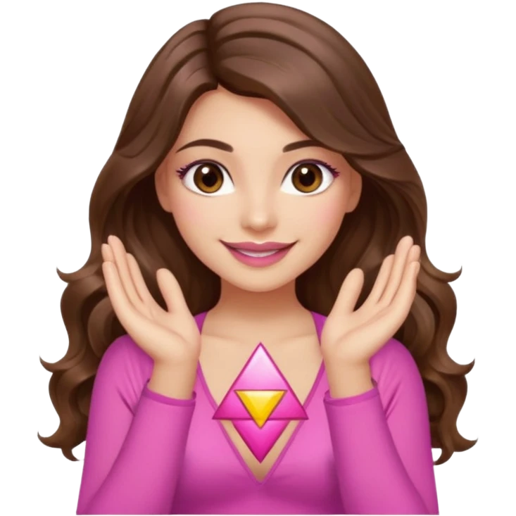 girl with long wavy brown hair, brown eyes, long lashes, sexy pink lips, light to medium complexion, wearing a pink sexy top, smiling, hands together in a tryangle emoji