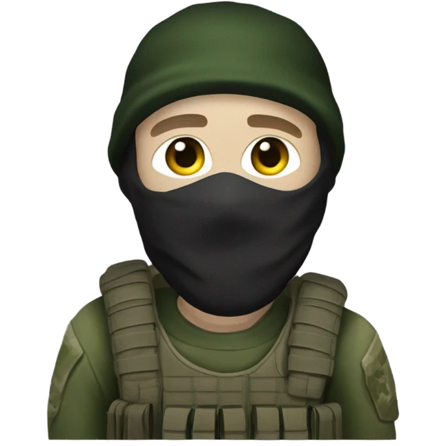 white male, pale skin, call of duty dark mask, green camo tactical gear, combat boots, beanie, hazel eyes emoji