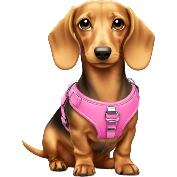 Gold miniature dachshund with pink harness emoji