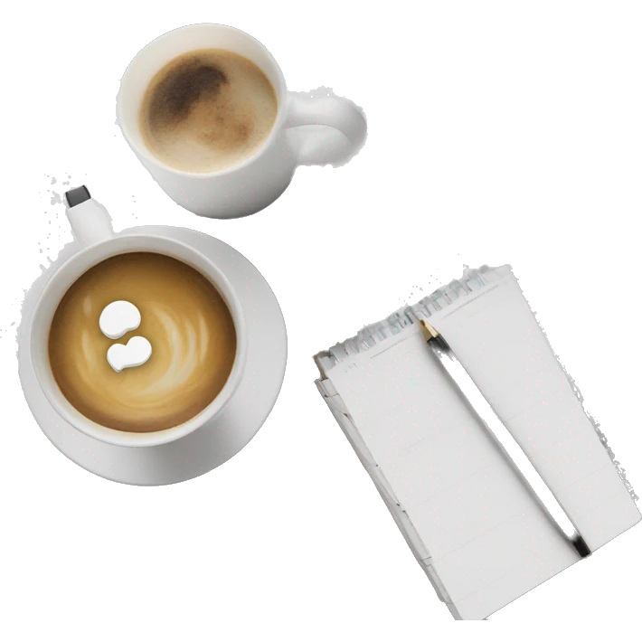 A MacBook white a coffe Cup and a note book that saya "white" emoji