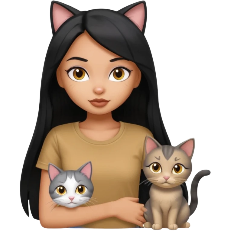 a pretty bratz dusky girl with long straight hair with four cats nd wearing a grey tshirt emoji
