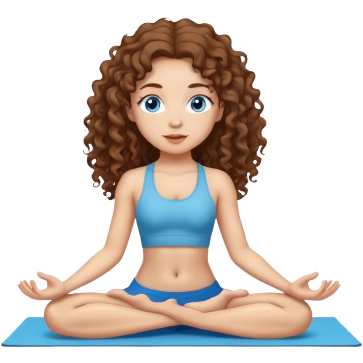 Girl with medium light skin and blue eyes and long brown curly hair doing yoga  emoji