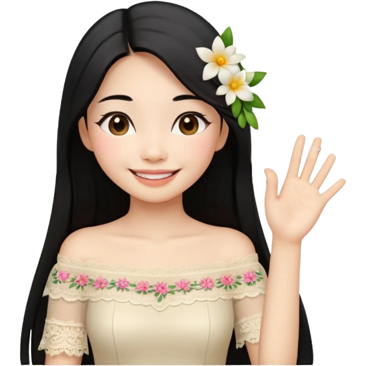 beautiful happy Thai woman with long straight black hair, fair skin, smiling gently while doing Thai greeting gesture (wai), wearing a cream lace off-shoulder blouse, hair decorated with flowers, pastel background, emoji style illustration emoji