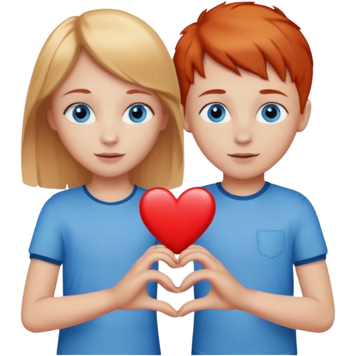 young blonde girl with blue eyes holding hands with young red headed boy with blue eyes and a heart between them emoji
