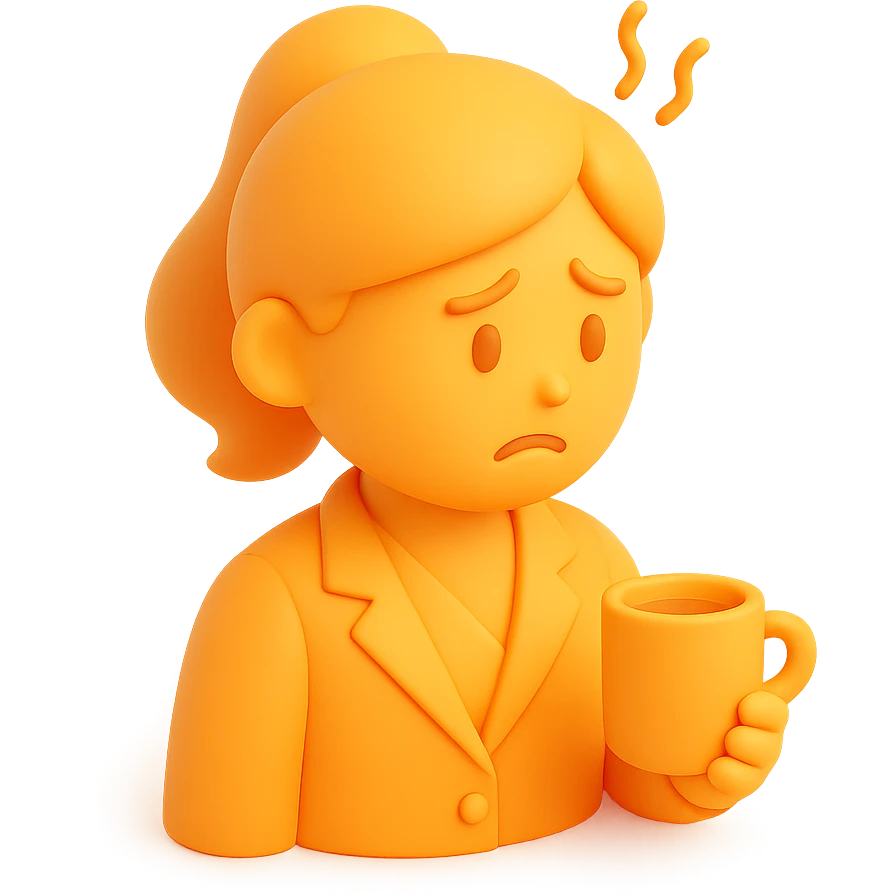 3D orange style female employee looking stressed, worried expression, wearing office attire, holding a coffee cup emoji