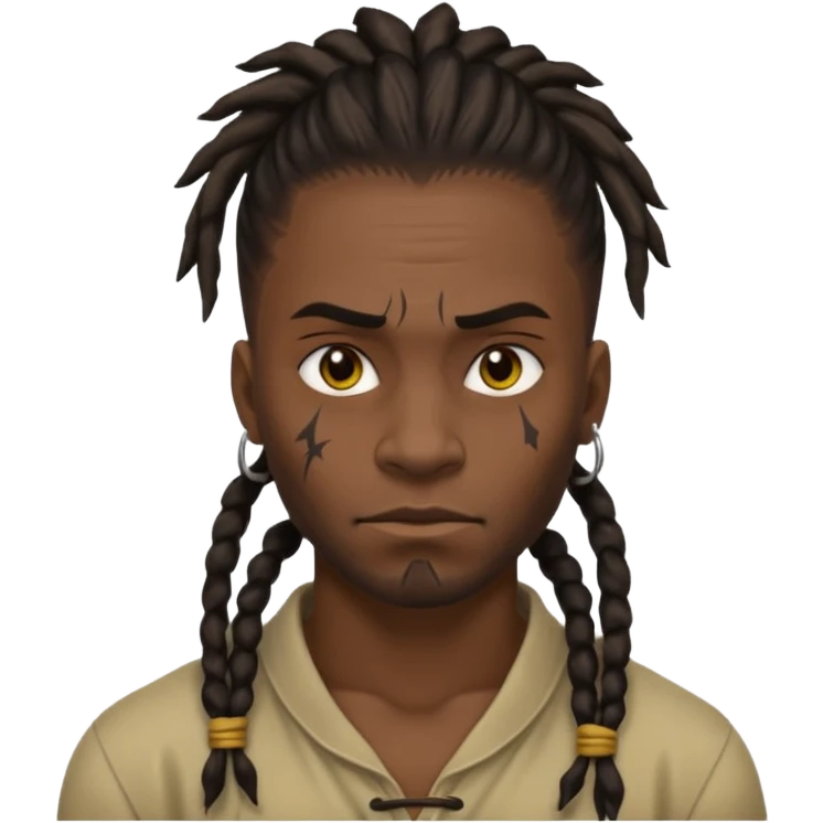 
1 black man, fierce face, scar on face, dreadlock hair tied back emoji
 emoji