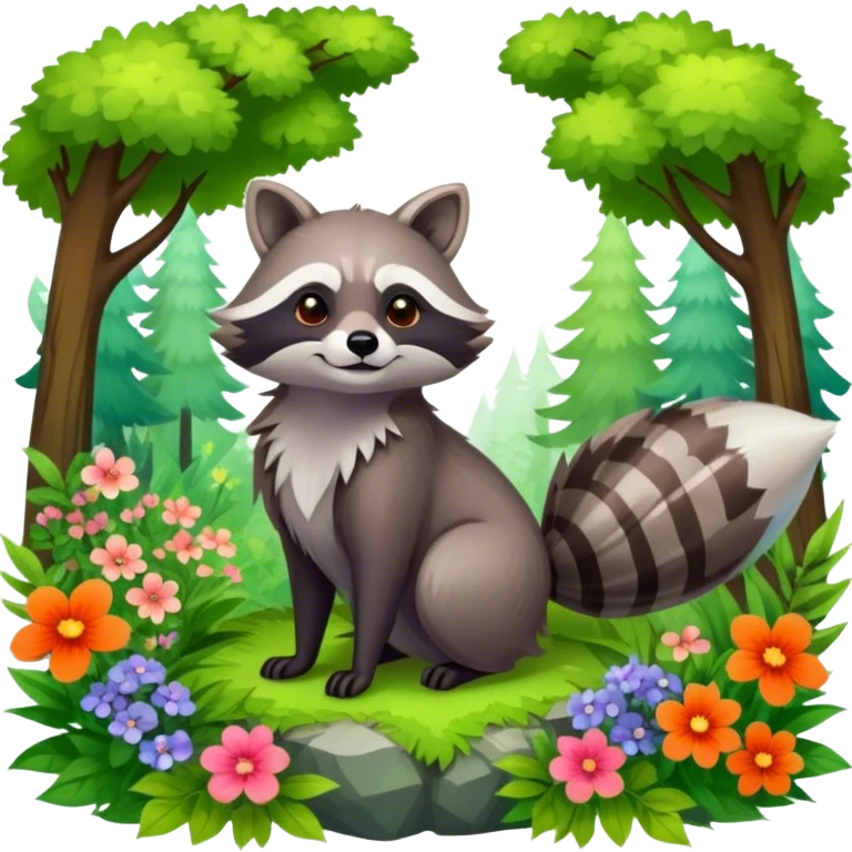 raccoon and a fox among a colorful forest with vibrant green trees, bushes and flowers. The animals are in the foreground, surrounded by a lush, bright forest, with soft sunlight filtering through the leaves. A playful and wild scene with a transparent background. emoji