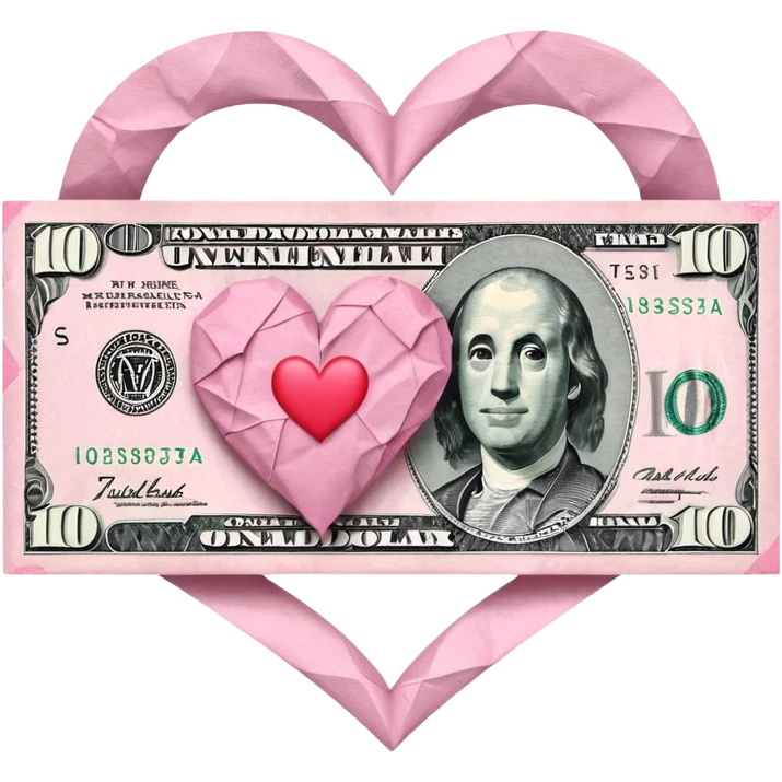 pink 100 dollar bill with a heart emoji