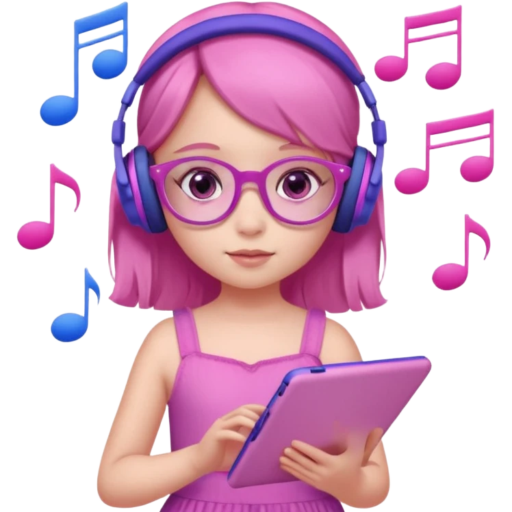 Little girl with purple headphones when pink eyes and pink iPad and pink dreamy background and rose colored glasses and blue music notes around her and pink dress emoji