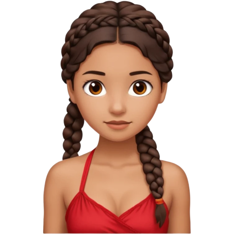A tanned girl's face Over-the-shoulder braid dark brown hair with red halter top emoji