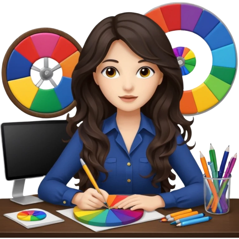 female dark wavy long hair graphic designer , holding color wheel , pens, papers, desktop emoji