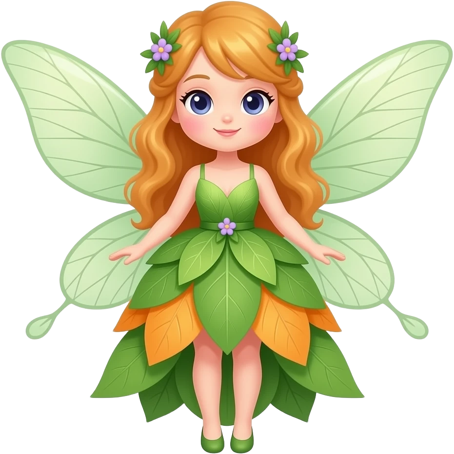 A cute elegant garden fairy in a green and orange color palette, with delicate translucent wings, a flowing leaf-and-petal dress, rosy cheeks, and tiny lilac accents. emoji