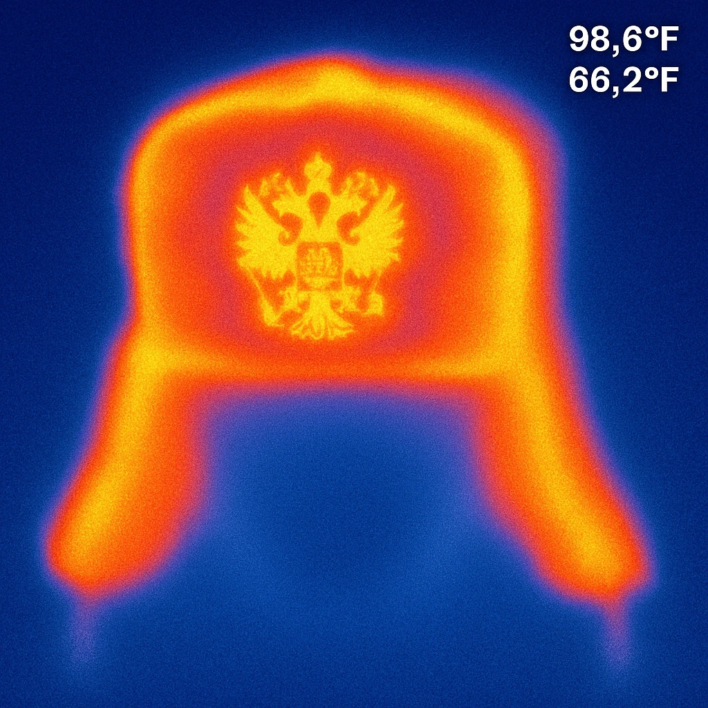 Russian hat ushank with the coat of arms of Russia, with background, thermal camera style emoji