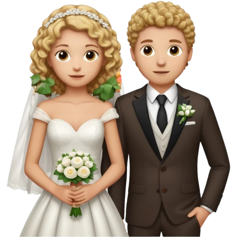Blonde light brown girl skin in wedding dress curly hair with white men next too her with a suit on and straight brown  hair emoji