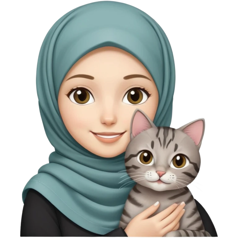White girl wearing pretty hijab holding a black grey tabby cat while smiling emoji
