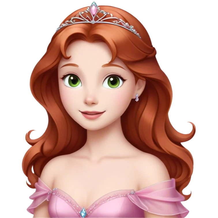 Cinematic Radiant Sleeping Beauty Portrait Emoji, rendered in a realistic, vector style with clean proportions. Show Aurora with a gentle smile, porcelain skin, and beautifully styled auburn hair, wearing her classic pink gown. The image glows with a soft, inviting radiance and high shine, accentuated by a soft glowing outline that enhances her graceful charm. emoji