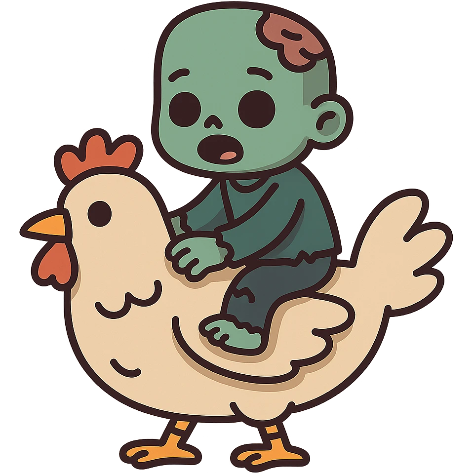 flat toon style baby zombie riding a chicken emoji