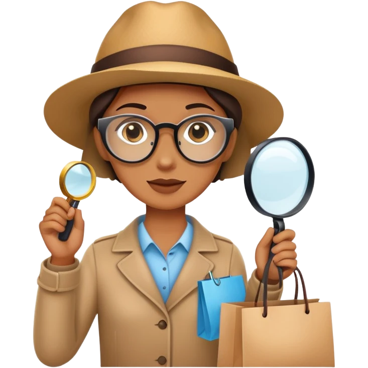 mystery shopper holding a magnifying glass and a shopping bag emoji