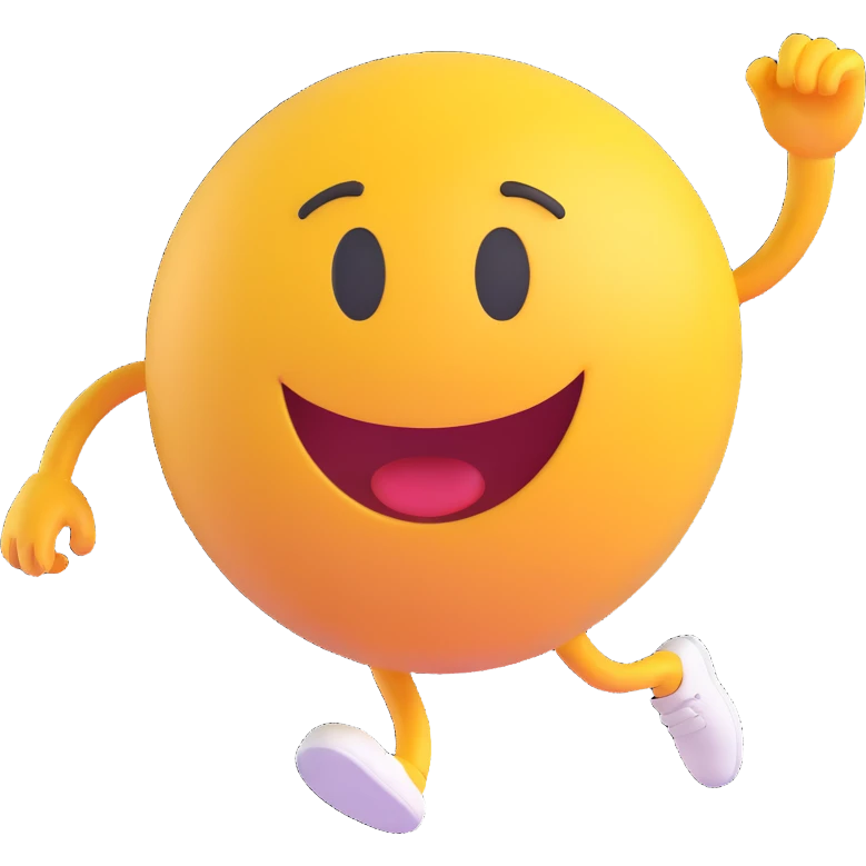3D smiley emoji, round shape, student running on sports field, orange color, energetic face emoji