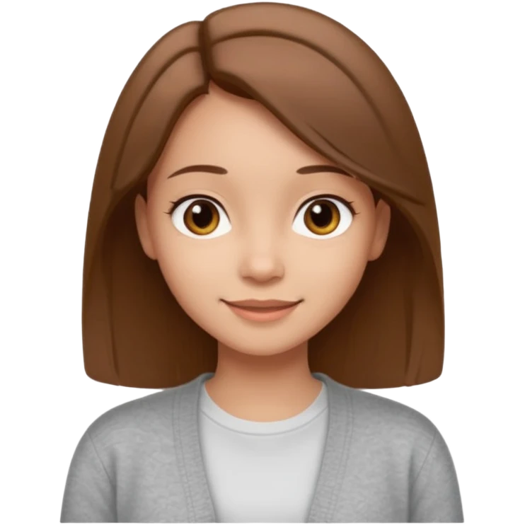 The girl has straight medium-length brown hair, light skin, wearing a white t-shirt and gray cardigan. Gentle smile, friendly neutral expression emoji