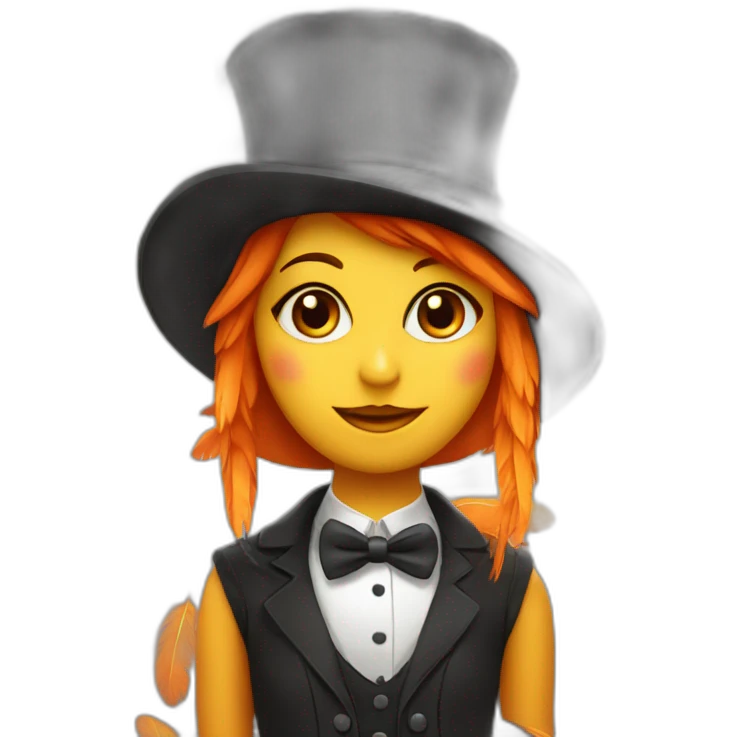 OWL Girl with orange feathers and abtop hat emoji